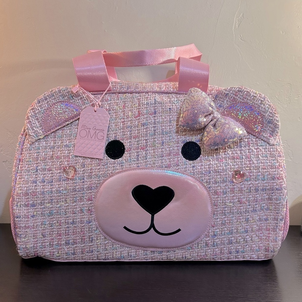 Miss Gwens OMG Accessories Large Tweed Glittery Teddy Bear Duffle Bag NWTS